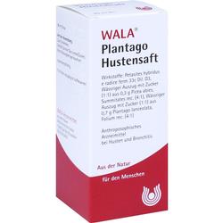 Weiße und rote Packung von WALA Plantago Hustensaft mit Textdetails.