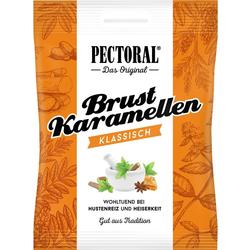 Eine orange-weiße Packung von Hustenbonbons mit Kräutermuster und Schriftzug.