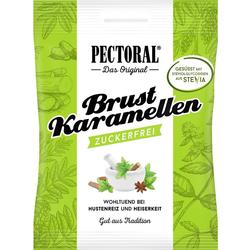 Grüne Verpackung von zuckerfreien Brust-Karamellen mit Kräuterbildern.