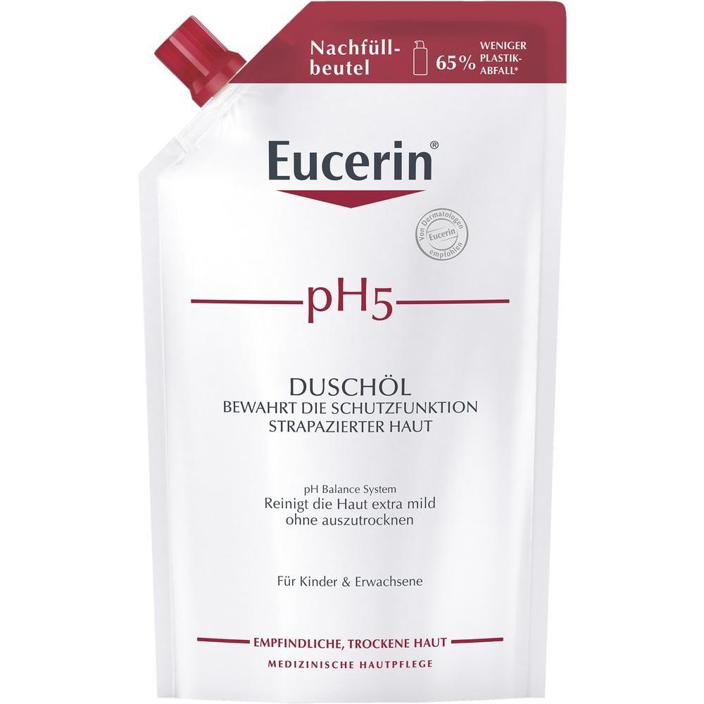 Eine weiße Nachfüllbeutel-Verpackung für Eucerin pH5 Duschöl für empfindliche Haut.