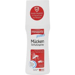 Eine weiße Flasche Mückenspray mit rotem Etikett und dem Schriftzug "Mückenschutzspray".