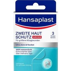 Verpackung von Hansaplast Pflastern "Zweite Haut Schutz" für größere Wunden, wasserfest.